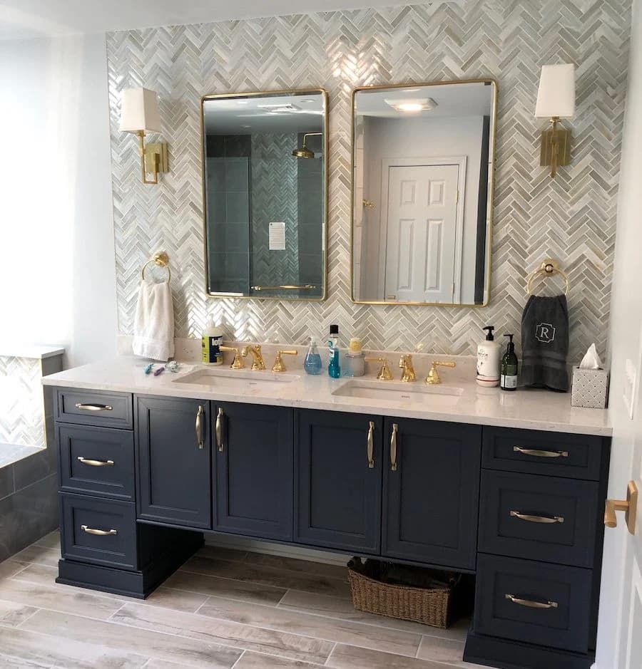 Custom bathroom vanity with marble tiles