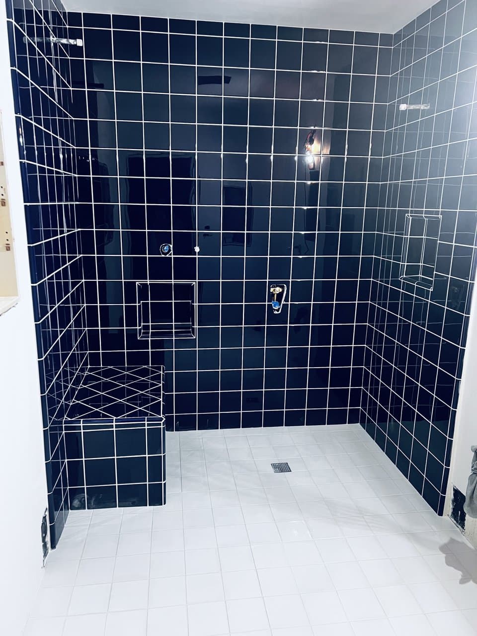 Large navy tile walk-in shower with built-in bench and niches